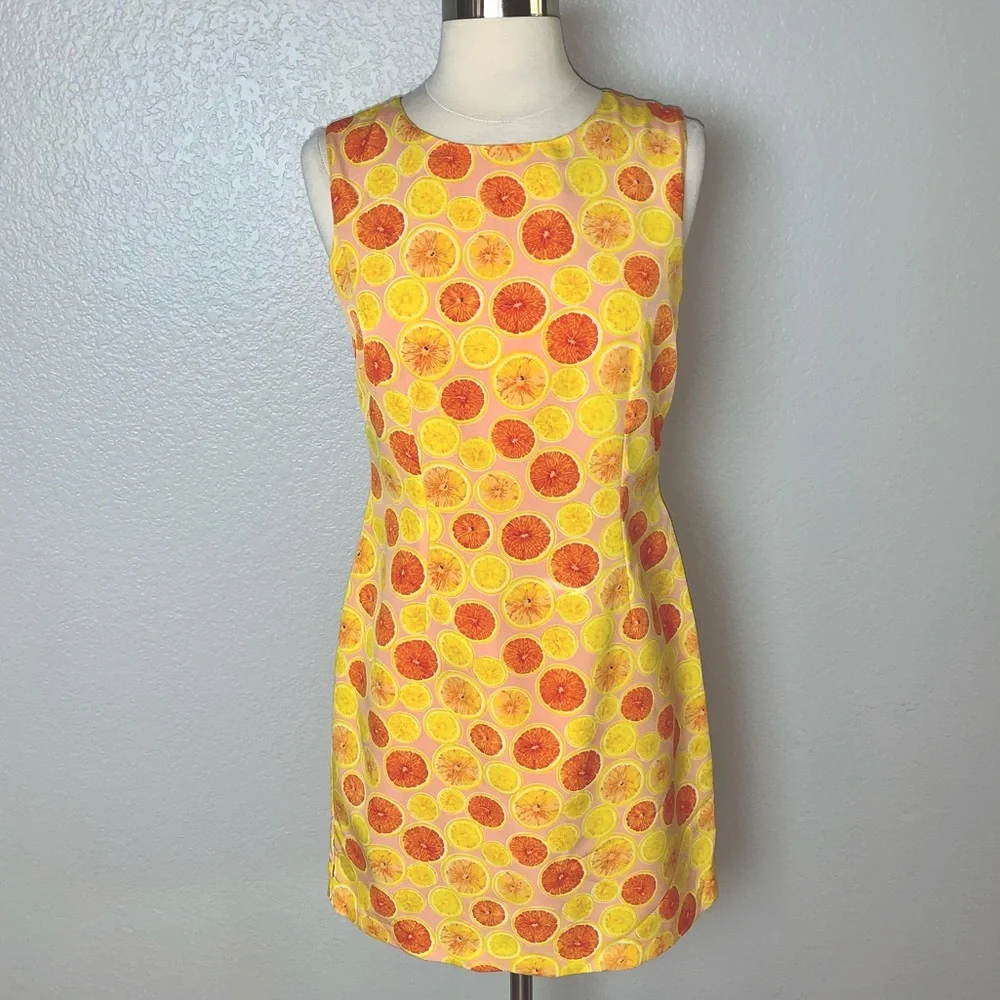 Micci USA Women's Yellow/Orange Sheath Mini Dress Lemon Fruit Print Lined Size S